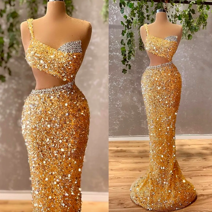 Customized(can Not Be Refund) Arabic Gold Sparkly Mermaid Prom Dresses Beaded Crystals One Shoulder Evening Formal Party Second Reception Gowns Customized(can Not Be Refund) Arabic Gold Sparkly Mermaid Prom Dresses Beaded Crystals One Shoulder Evening Formal Party Second Reception Gowns