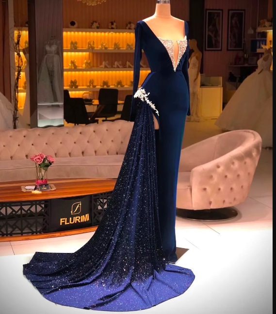 open lace back dress Sexy V-Neck Long Navy Blue Prom Dress with Appliques – FancyVestido main image 1