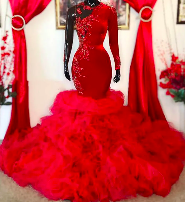 Plus Size Arabic Mermaid Red Prom Dresses Lace Beaded Velvet Aso Ebi Evening Formal Party Second Reception Gowns