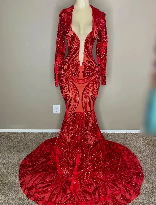 Red Square Neck Long Formal Evening Dresses For Black Girls 2023 Sequined Long Sleeves Plus Size Birthday Party Dresses Mermaid Prom Party Gowns