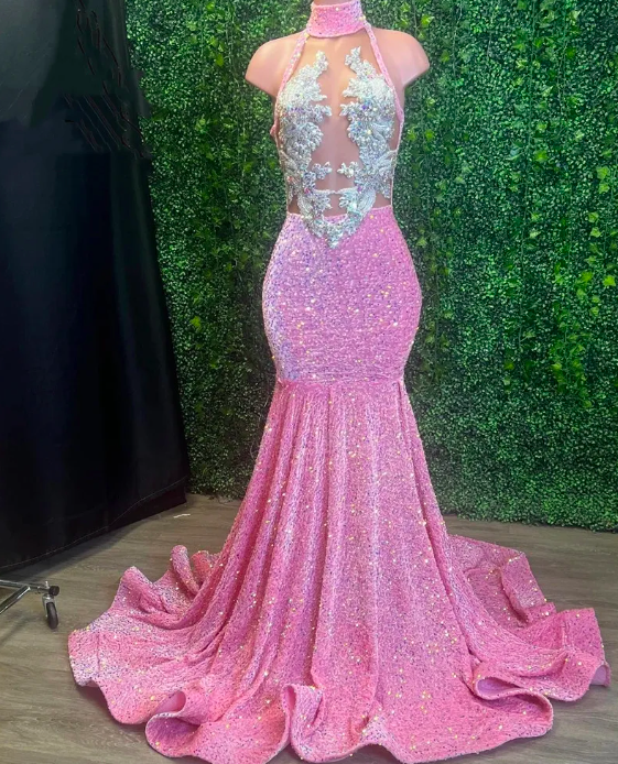 2023 Sparkly Pink High Neck Long Prom Dress For Black Girls Beaded Appliques Birthday Party Gowns Sequined Mermaid Evening Dresses