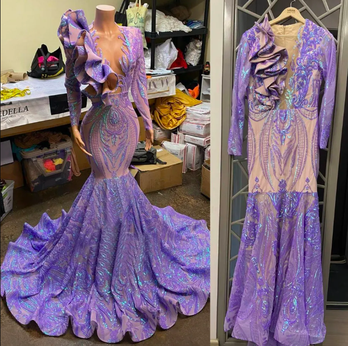 2023 Sparkling Evening Dresses Lilac Lavender Sequins Mermaid Prom Dress Sexy V Neck Ruffles Party Gowns Long Sleeves Shiny Lace Robe De Soiree