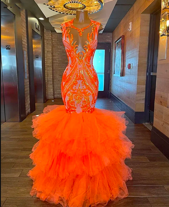 Sparkly Orange Mermaid Long Prom Dresses 2023 Sexy Glitter Sequins Ruffles Graduation Party Gowns Robe De Bal Open Back