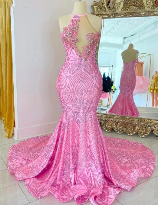 Sparkly Pink Prom Dresses 2023 Sequin Halter Neck Birthday Women Party Gowns Backless Robes De Bal Long Evening Dresses
