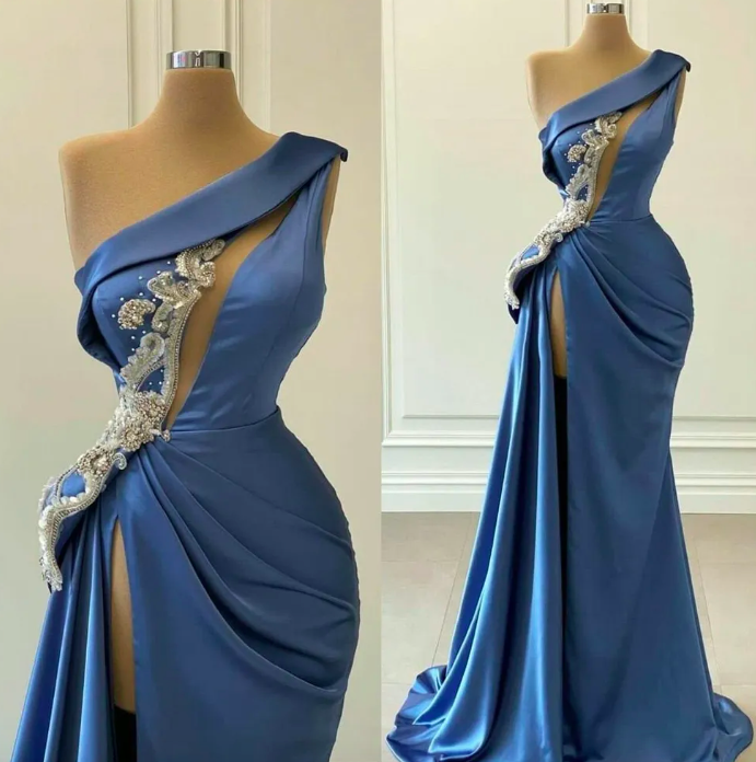 Elegant Satin Blue Evening Dresses Mermaid 2022 One Shoulder Sequins Beaded Formal Gowns Sexy High Split Arabic Prom Special Occasion Dress Robes