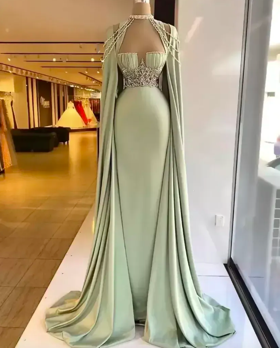 Elegant Mermaid Evening Dresses With Detachable Cape Beaded Crystal Formal Prom Gowns Custom Made Plus Size Pageant Wear Party Gown Robe De