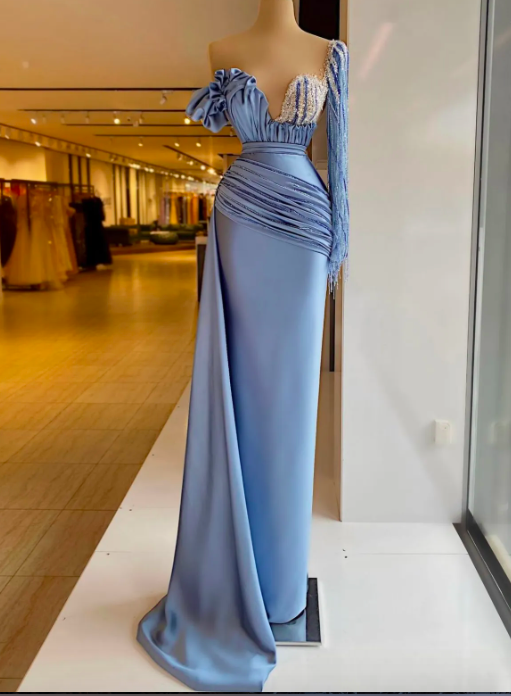 One Shoulder Blue Mermaid Evening Dresses Crystal Long Sleeve Beaded Formal Prom Gowns Custom Made Plus Size Pageant Wear Party Dress