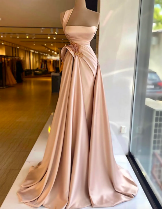 One Shoulder Pink Satin Mermaid Evening Dresses Crystal Beaded High Side Split Formal Prom Gowns Custom Made Plus Size Pageant Wear Party Dress