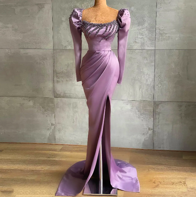 Elegant Satin Mermaid Prom Dresses Long Sleeves Beaded High Split Women Formal Evening Party Pageant Gowns Plus Size Custom Made