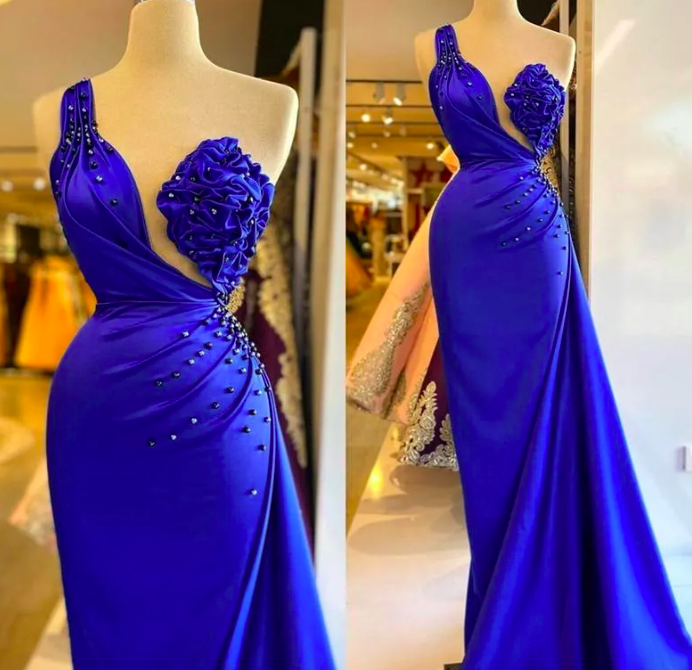 Sexy Royal Blue One Shoulder Mermaid Evening Dresses Ruffles Floral Beaded Floor Length Special Occasion Formal Prom Dress Robes Custom Made