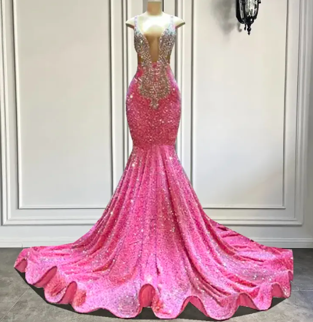 Luxury Long Prom Dresses Sexy Mermaid Sparkly Pink Sequin Black Girls Crystals Evening Formal Gala Party Gowns Robe De Soiree Vestidos