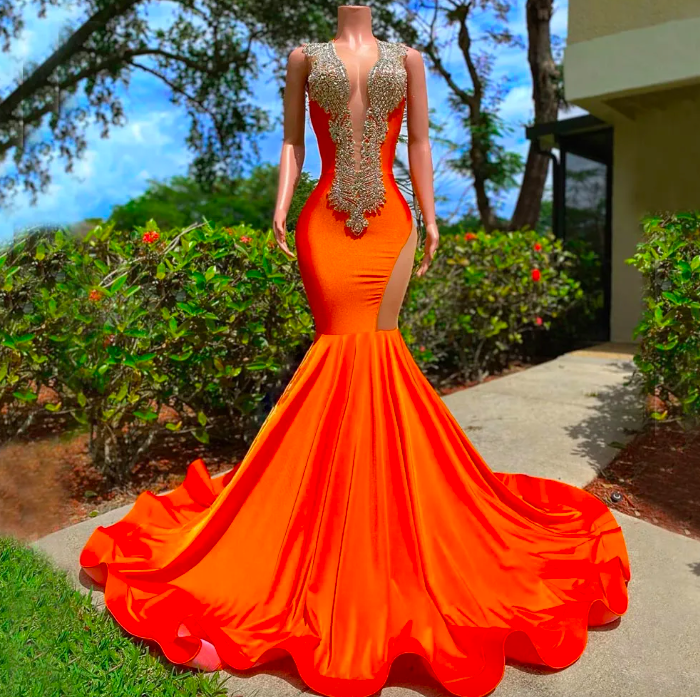 Orange Mermaid Beaded Prom Dresses Sequined Deep V Neck Evening Gowns Sweep Train Satin Custom Made Formal Dress