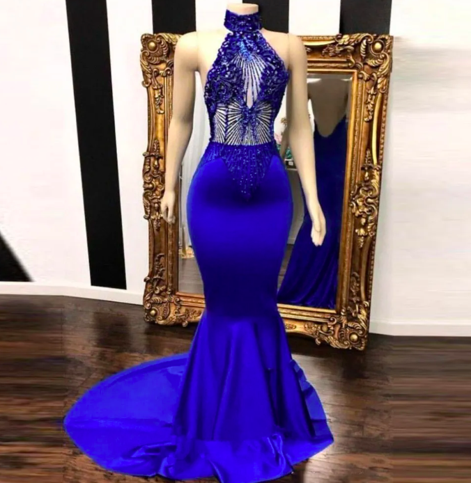 Royal Blue Beaded Backless Prom Dresses Halter Neck Mermaid Evening Gowns Plus Size Sweep Train Satin Formal Dress