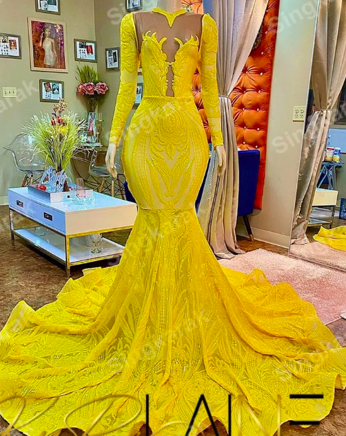 Luxury Mermaid Prom Dresses Yellow Long Sleeves Sequins Birthday Party Gowns Evening Dresses Formal Robe De Soirée Femme