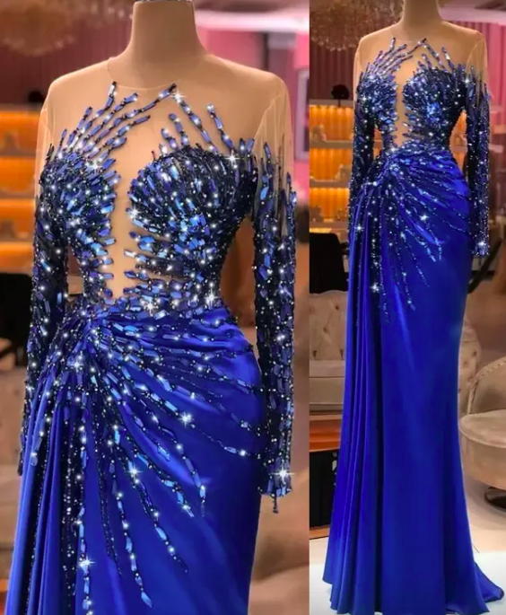 Luxurious Royal Blue Beaded Mermaid Prom Dresses 2023 Sheer Long Sleeves Formal Party Second Reception Gowns Dress Evening Occasion Wears