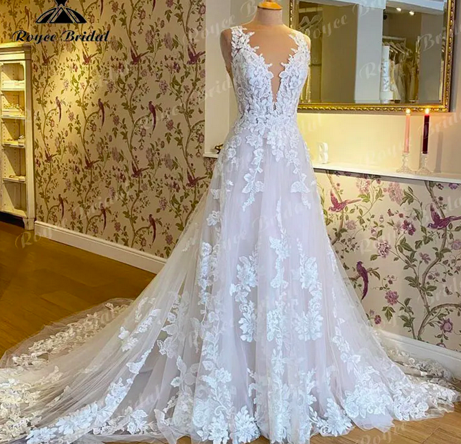 2023 Robe Mariee Sleeveless V Neck Wedding Dress Lace Applique Blush Pink Backless Bridal Gown Robe De Soirée De Mariage Elegant