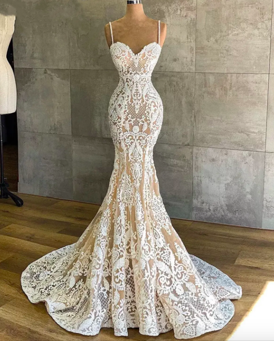 2023 African Mermaid Wedding Dresses, Champagne Spaghetti Straps Illusion White Lace Appliques, Sleeveless Bride Dresses, Bridal Gowns Plus Size