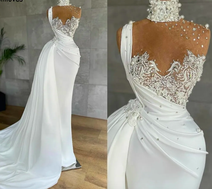 Saudi Arabia Dubai Turkey Mermaid Wedding Dresses With Detachable Train Pearls Lace Applique Beaded Bridal Gowns High Neck Modern Robes De Mariee
