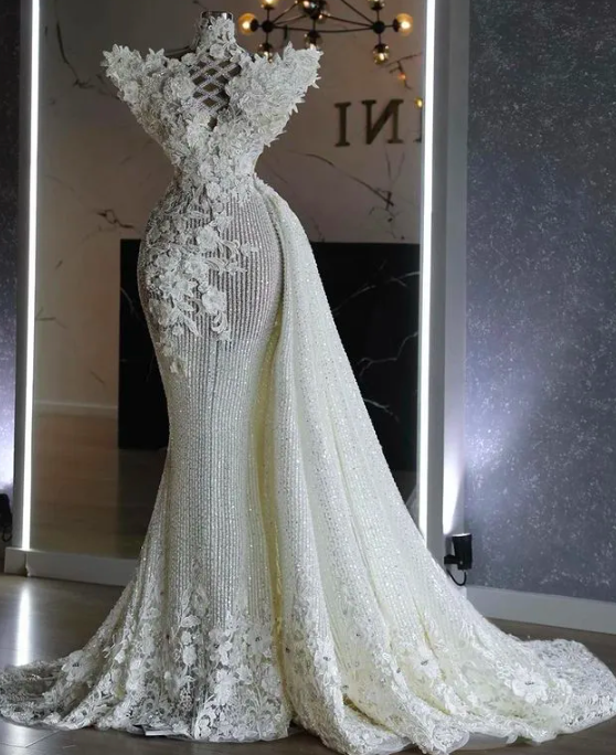2023 Plus Size Arabic Aso Ebi Luxurious Sparkly Mermaid Wedding Dress Lace Beaded Sequined Sexy Bridal Gowns Dresses