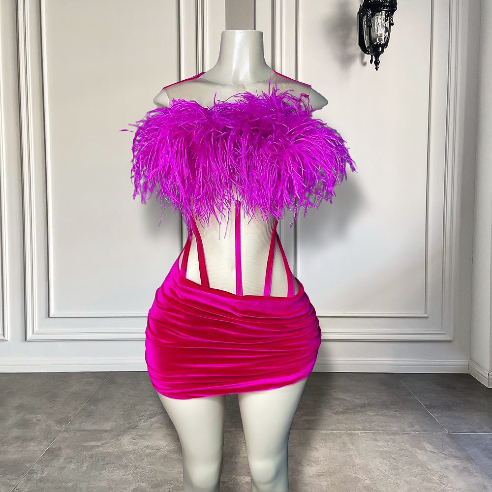 Sexy See Through Sheer Black Girls Birthday Party Formal Gowns Feather Pink Velvet Women Short Prom Dresses 2023