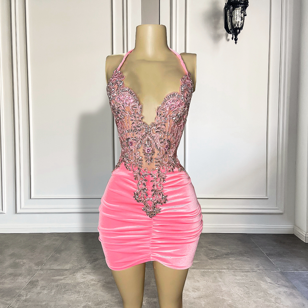 Cute Halter Sleeveless Sparkly Embroidery Women Birthday Party Formal Gowns  Pink Velvet Black Girls on Luulla