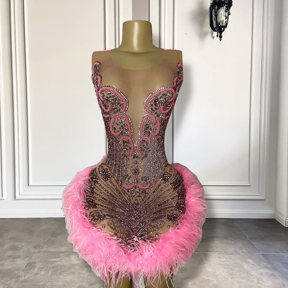 Real Sample Luxury Sheer Sexy See Through Birthday Party Gowns Sparkly Diamond Pink Feather Black Girls Short Prom Dresses 2023