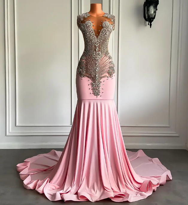Long Pink Prom Dresses 2023 Sheer Mesh Top Luxury Sparkly Silver Diamond Black Girls Pink Prom Formal Party Gowns