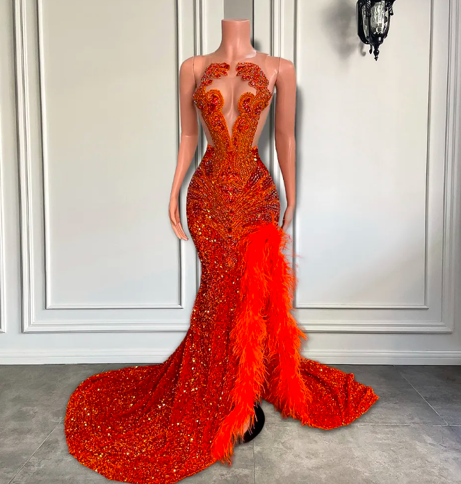 Luxury Long Orange Prom Dresses 2023 Sexy Side Slit Feather Sheer O-neck Luxury Diamond Black Girls Mermaid Prom Party Gowns