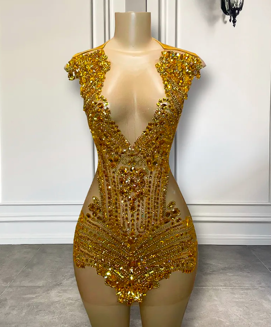 Sparkly Sheer Sexy See Through Women Cocktail Birthday Party Gowns Luxury Gold Diamond Black Girl Short Mini Prom Dresses 2023