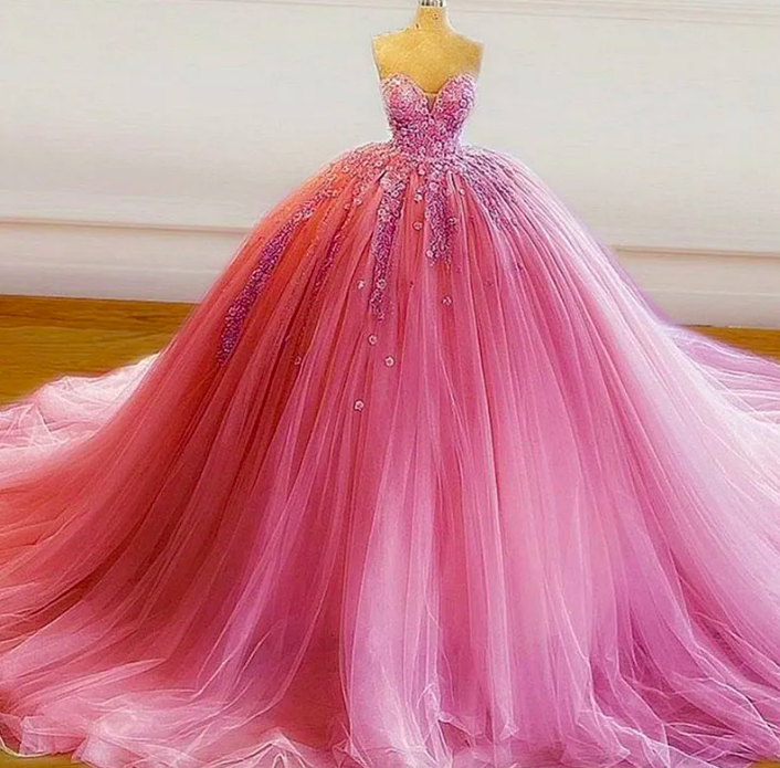 Robe De Soiree Fuchsia Pink Ball Gown Prom Dresses Appliques Beaded Princess Puffy Sweetheart Party Dress Sweet 16 Long Quinceanera