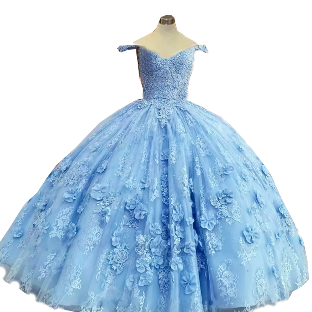 2023 Sexy Ball Gown Quinceanera Dresses Light Blue Lace Appliques Beads Hand Made 3d Flowers Sweet 16 Dress For 15 Years Prom Party Pageant Gowns