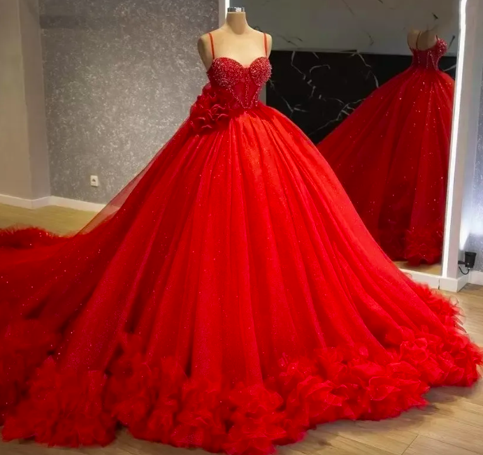 Red Glitter Ball Gown Quinceanera Dresses 2023 Beading Ruffles Flower Prom Gowns Sweet 15 Masquerade Dress