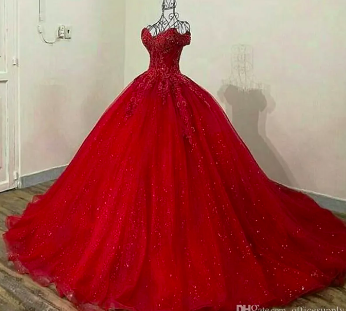 Sparkly Red 3d Lace Appliqued Ball Gown Quinceanera Dresses Applique Off Shoulder Sequined Sweet 16 Tulle Prom Dress Quinceanera Gowns