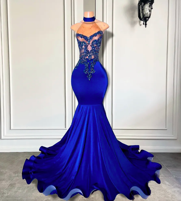 Long Prom Formal Dresses, 2023 Elegant High Neck Luxury Beaded, Embroidery Royal Blue Spandex Black Girl Mermaid, Evening Gala Gowns Robe De