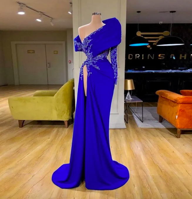 Royal Blue Evening Gowns Sexy High Slit Off The Shoulder Prom Dresses Appliques Beads Long Sleeve Mermaid Robe De Soiree