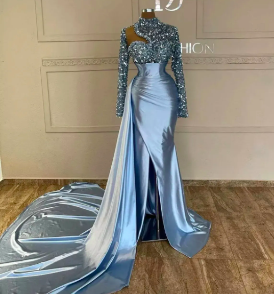 Shiny Sky Blue Sequined Mermaid Prom Party Dresses 2024 High Neck Pearls Beading Full Sleeve Ront Split Party Gowns Custom Made
