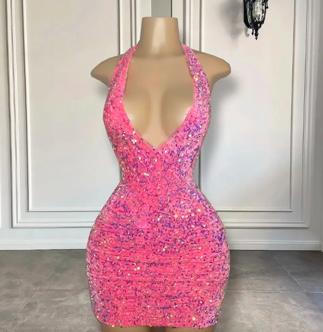 Sexy V-neck Women Short Prom Birthday Dress 2024 Low Back Pink Sequin  African Black Girls Sequined E on Luulla