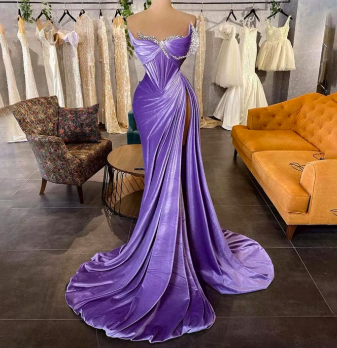 Lavender Elegant Velvet Prom Dresses, Dubai Arabic Mermaid, Women Special Occaion Party Gowns, Pleated Sparkly Crystals High Split Sexy Formal