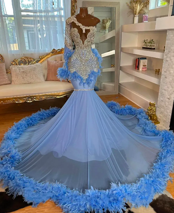 Luxury Blue Feathers Crystal Mermaid Black Girls Prom Dresses Formal Dresses Party Gowns Long Sleeve African Robes De Soiree
