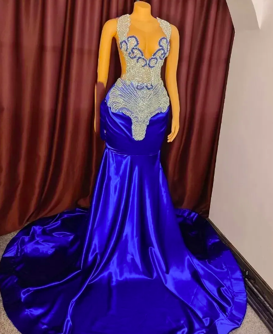 2023 Luxurious Arabic Aso Ebi Mermaid Prom Dresses Royal Blue Beaded Crystals Sexy Evening Formal Party Second Reception Birthday Gowns