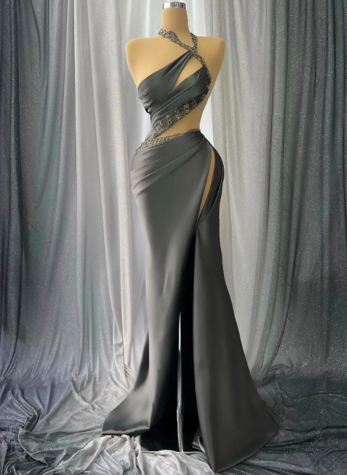 Sexy Gray Satin Mermaid Prom Dresses 2023 Hlater Neck Sequins Front Split Formal Evening Occasion Gowns Vestidos De Novia