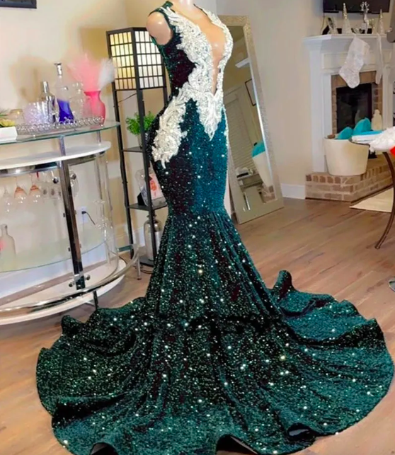 Design 2023 Sparkly Dark Green Mermaid Prom Dresses Sheer Mesh Beads Crystal Rhinestone Sequins Luxury Evening Party Gown