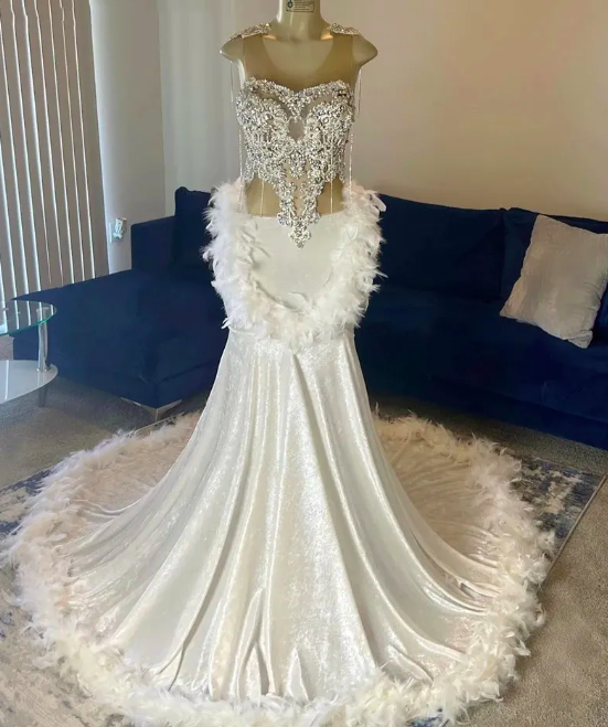 Luxury Mermaid Prom Dresses 2023 Sheer Neck Beads Crystals Tassels Feathers Luxury Evening Birthday Party Gowns Robe De Bal