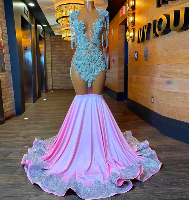2023 Pink Luxury Prom Dresses For Black Girls Beading Crystal Sexy Graduaton Party Gowns Mermaid Evening Dress Robe De Bal