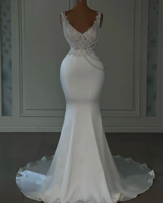 Elegant Pearls 2023 Mermaid Wedding Dresses Lace Appliqued Beaded V Neck Bridal Gowns Satin Custom Made Vestidos De Novia
