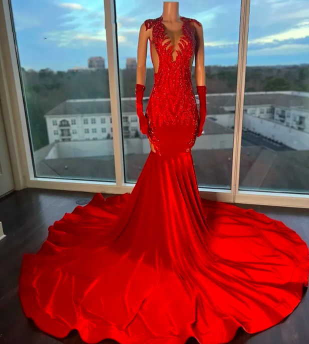 Sexy Long Red Mermaid Prom Dresses 2023 With Two Gloves Glitter Beading Sequins Birthday Party Gowns Robe De Bal