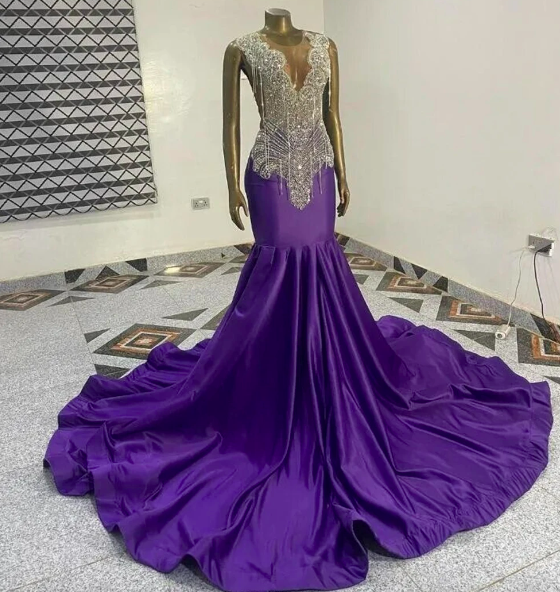 Romantic Purple Sliver Tassels Crystal Beading Prom Dresses Mermaid Luxury Designer Party Black Girls Bespoke Robe De Bal