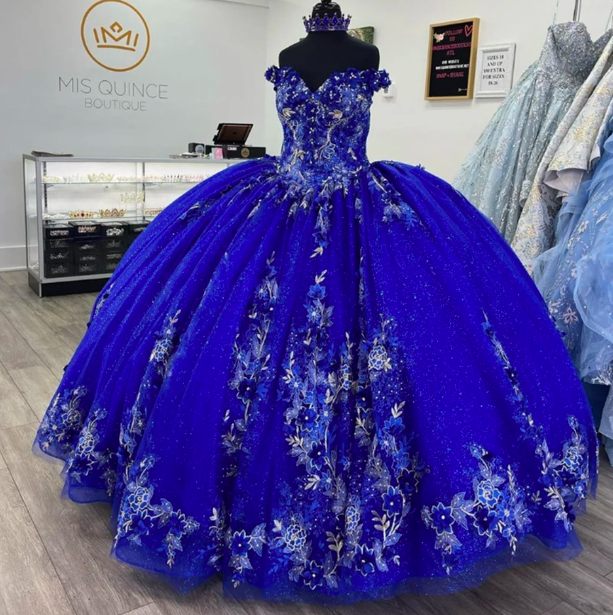 Vintage Royal Blue Ball Gown Quinceanera Dress Beaded Lace Applique Shinning Tulle Sweet 16 Dress Corset Vestidos De 15 Años