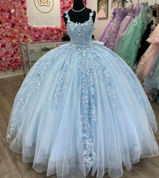 Baby Blue Spaghetti Lace Applique Princess Quinceanera Dresses 2024 Ball Gown Beading Sweet 16 15 Dress Vestido De 15 Años