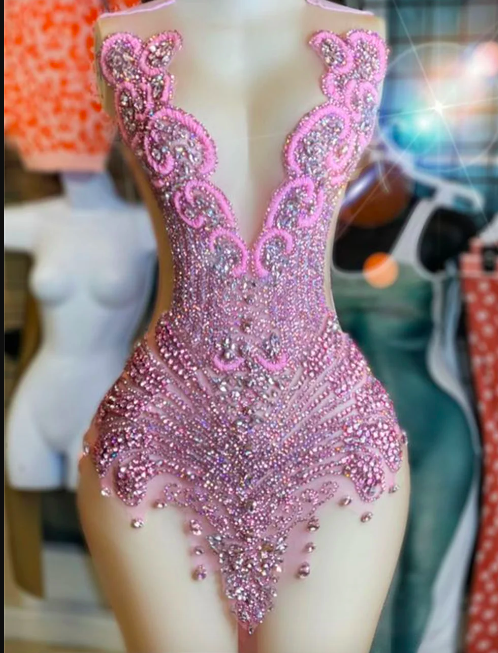 Sparkly Pink Crystals Halter Short Prom Dress African Glitter Rhinestone O Neck Bead Mini Cocktail Party Gown Robe De Bal